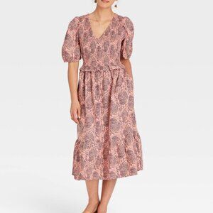 Universal Thread Midi Dress XS Pink Paisley Puff Sleeve Smock Cottagecore Boho